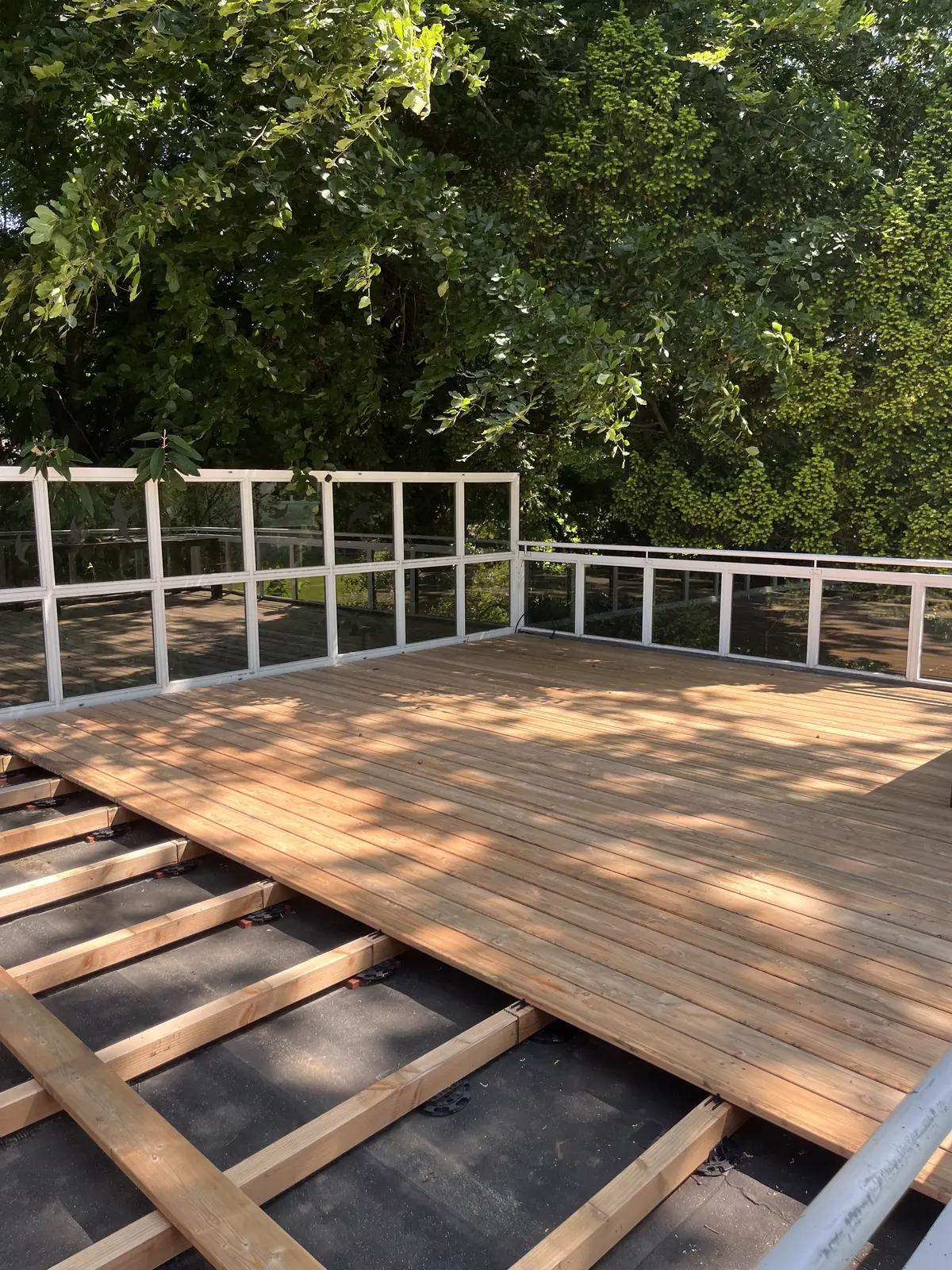 Neu verlegte Holzterrasse mit Geländer vor dichtem Baumbestand